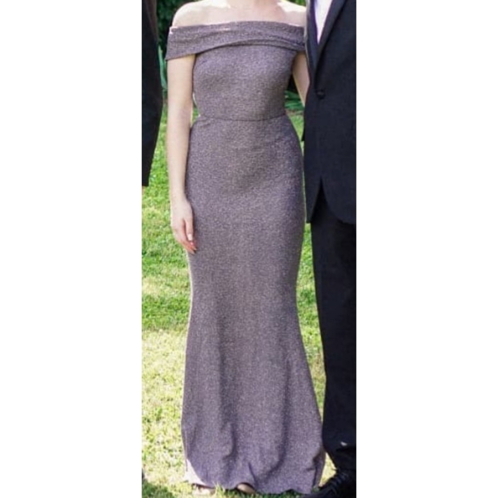 Windsor Off-the-Shoulder Sparkly Gray Formal/Prom Dress